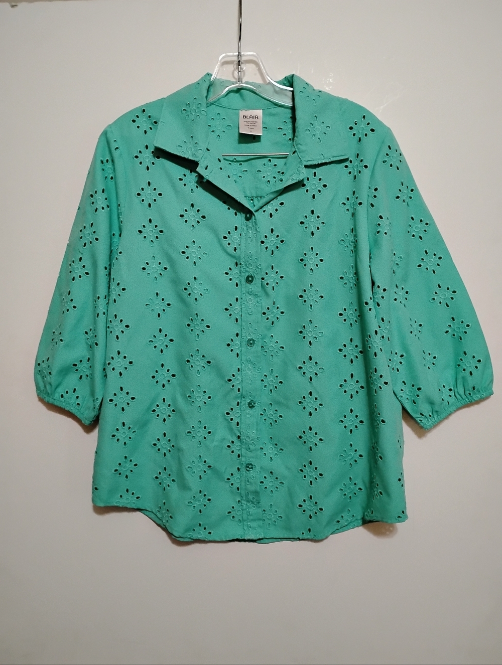BLAIR Teal Eyelet Button-Front Women's Top 85%polyester 15%Rayon Blouse S